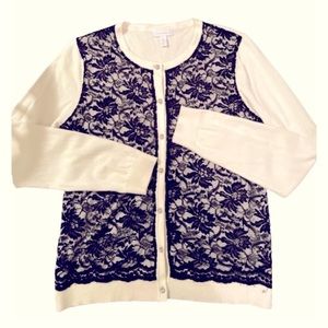 Charter club CREAM & BLACK LACE OVER LAY CARDIGAN SWEATER SUZE XL
